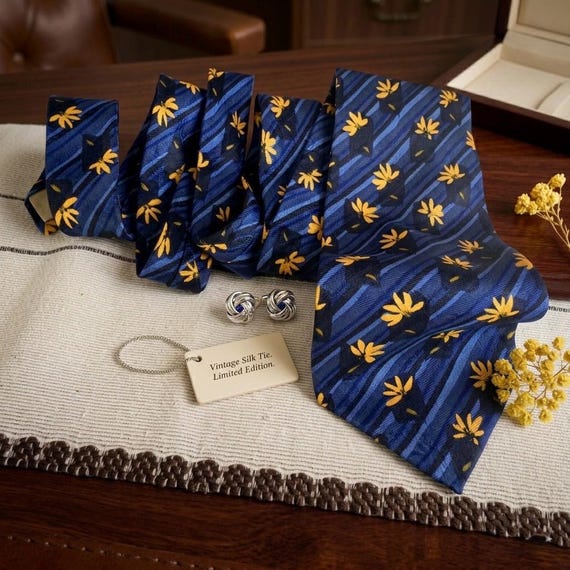 Vintage Fumaralli’s Italian Silk Floral Necktie – Blue & Gold Designer Tie – Made in Italy