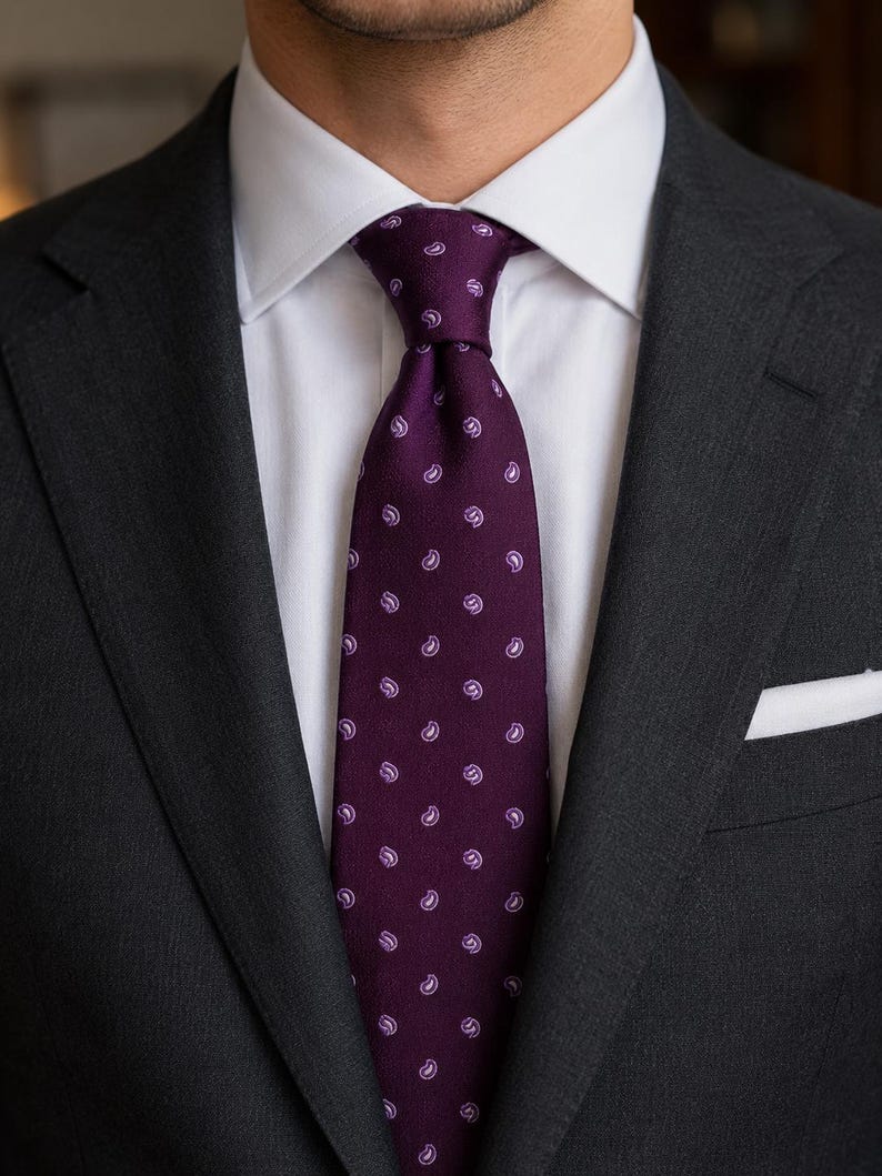 May include: A dark purple necktie featuring a repeating pattern of small white paisley motifs, worn with a crisp white collared shirt and a charcoal gray suit jacket that includes a white pocket square tucked into the breast pocket.