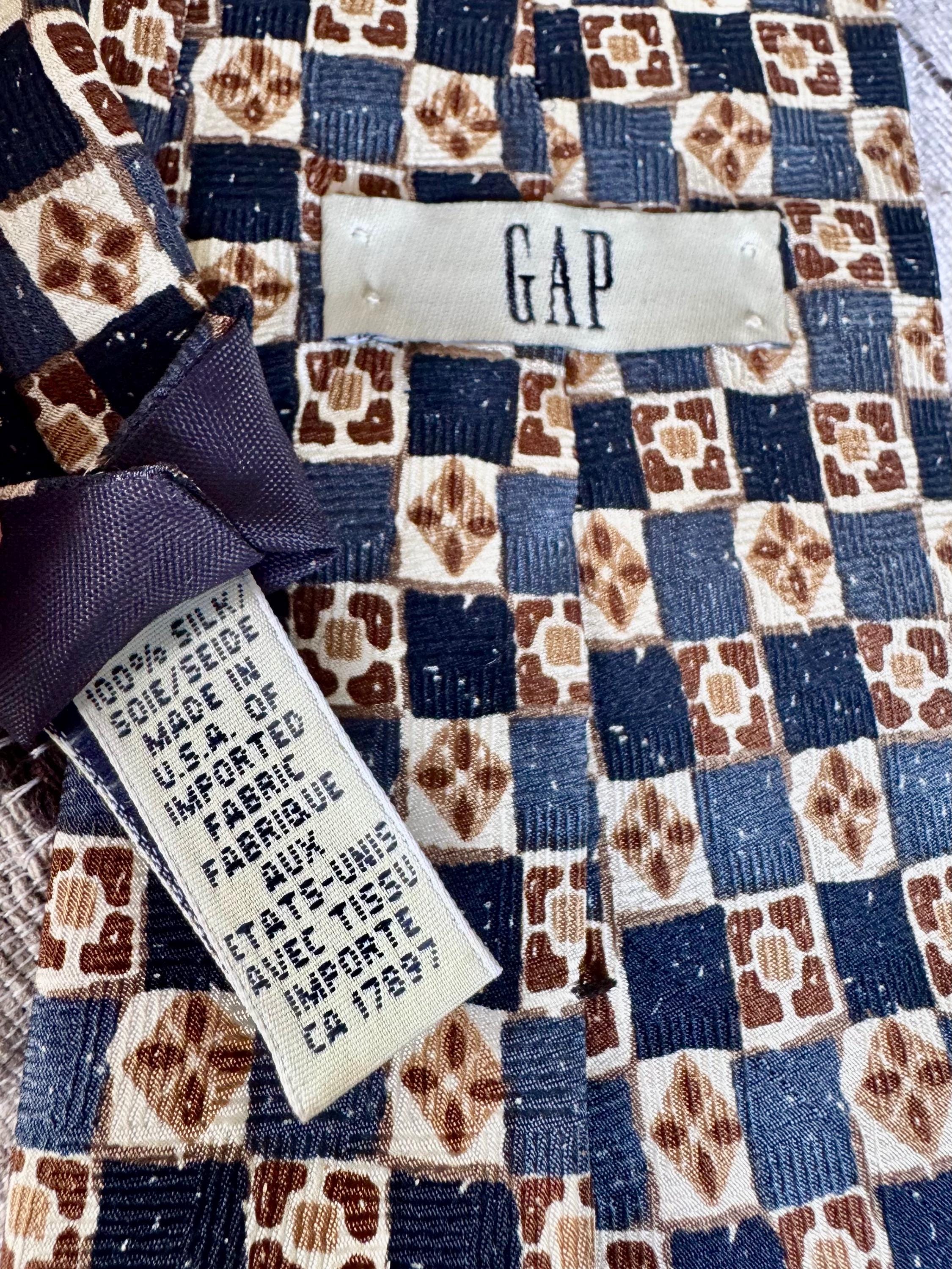 Vintage 100% Silk Ties — Made in USA or Canada — Navy, Cream, Bronze Geometric Pattern