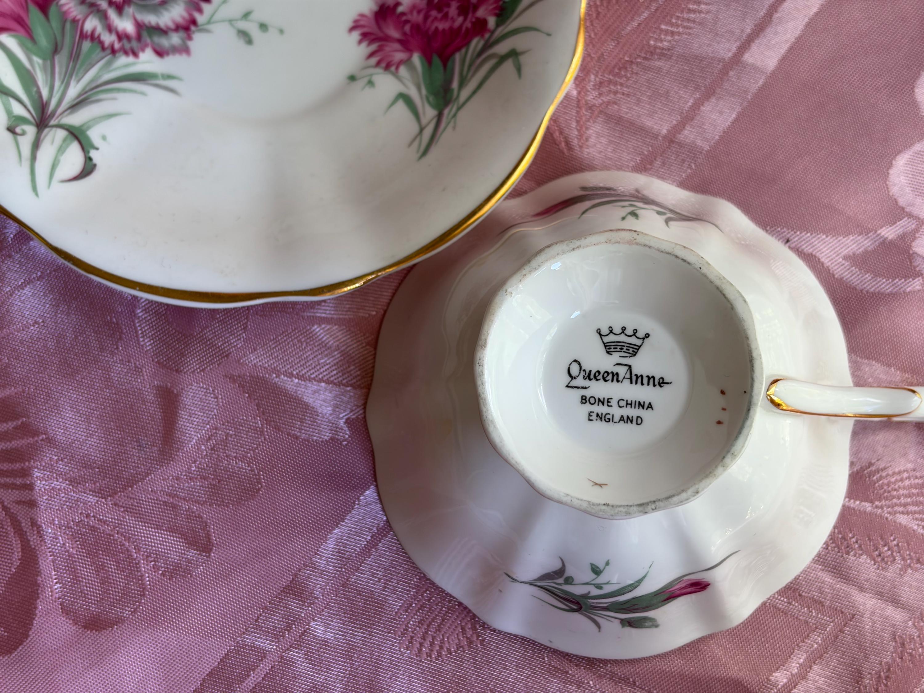 Vintage Queen Anne Bone China Teacup & Saucer – Pink Carnations – England