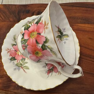 Puede incluir: Una taza de t&eacute; y un platillo blancos con un dise&ntilde;o floral con rosas rosas y hojas verdes. La taza y el platillo tienen un borde dorado.