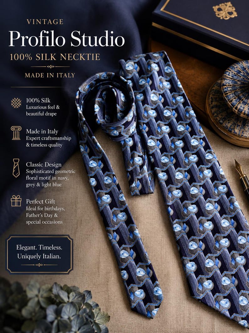 Puede incluir: Una corbata de seda azul marino con un patr&oacute;n geom&eacute;trico repetitivo de motivos florales en azul claro y gris. La corbata muestra un tejido texturizado y se presenta junto al texto Vintage Profilo Studio 100% SILK NECKTIE MADE IN ITALY.
