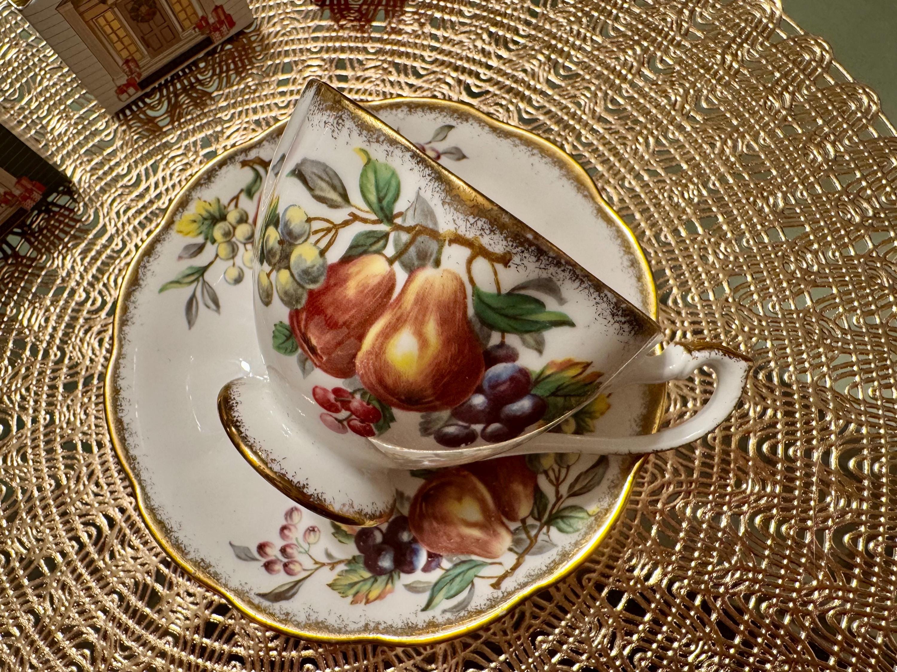 Vintage Queen Anne “Harvest Fruits” Teacup and Saucer Set - Elegant Fruit Design