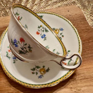 Pu&ograve; includere: Una tazza da t&egrave; e un piattino bianchi con un motivo floreale in tonalit&agrave; di rosso, blu, giallo e verde. La tazza e il piattino hanno un bordo dorato.