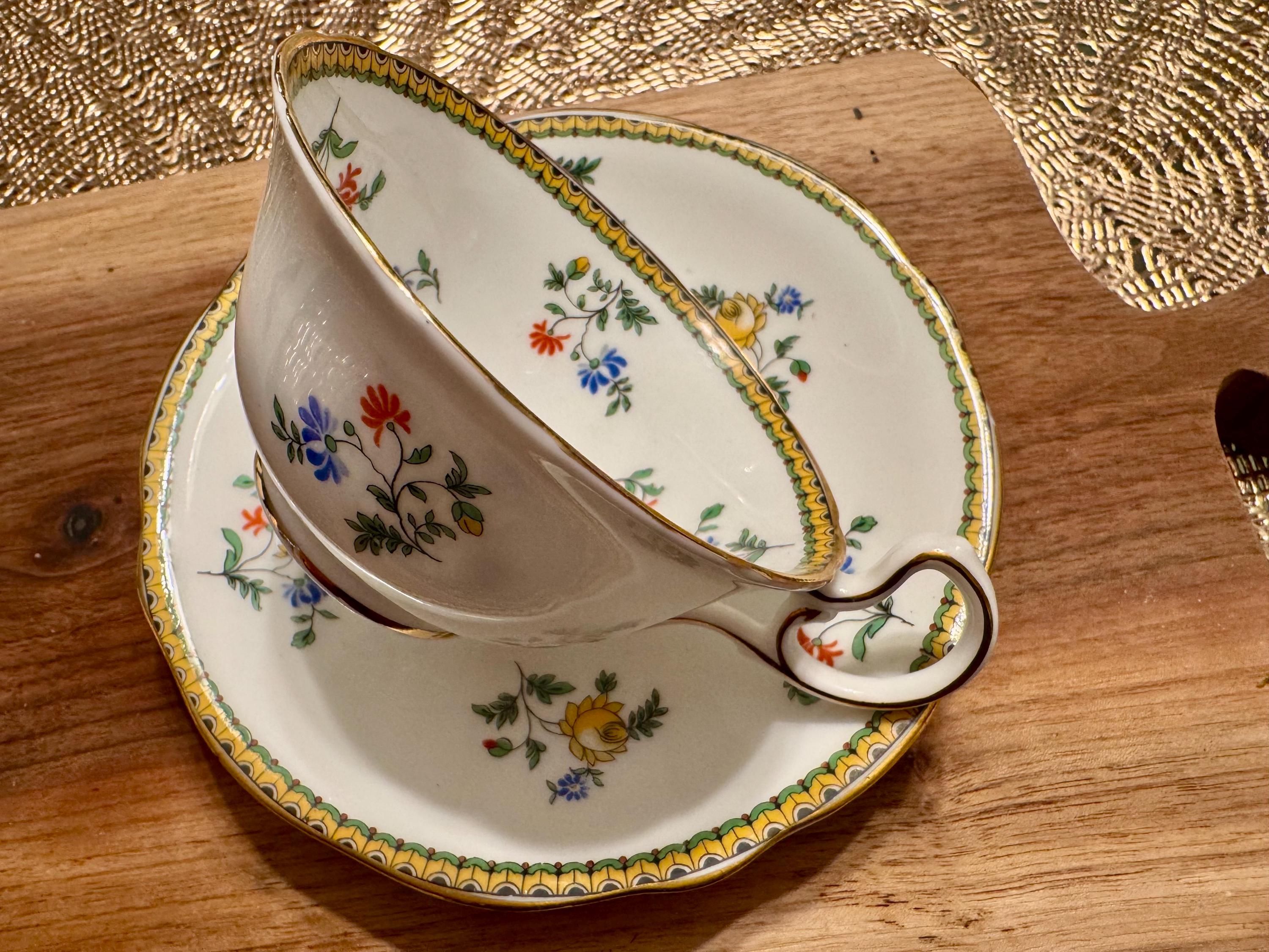 Vintage Aynsley Bone China Cup and Saucer: Basket of Flowers, Made in England (1930s-1940s)