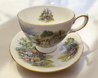 Vintage Royal Vale Countryside Houses Tea Cup and Saucer Set - Fine Bone China