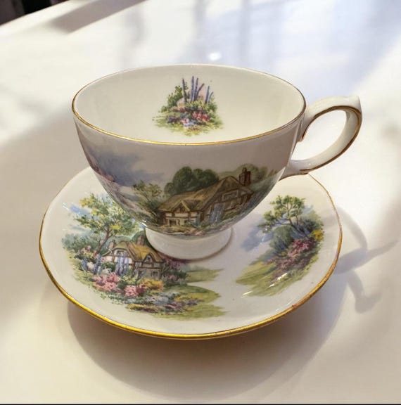 Vintage Royal Vale Countryside Houses Tea Cup and Saucer Set - Fine Bone China