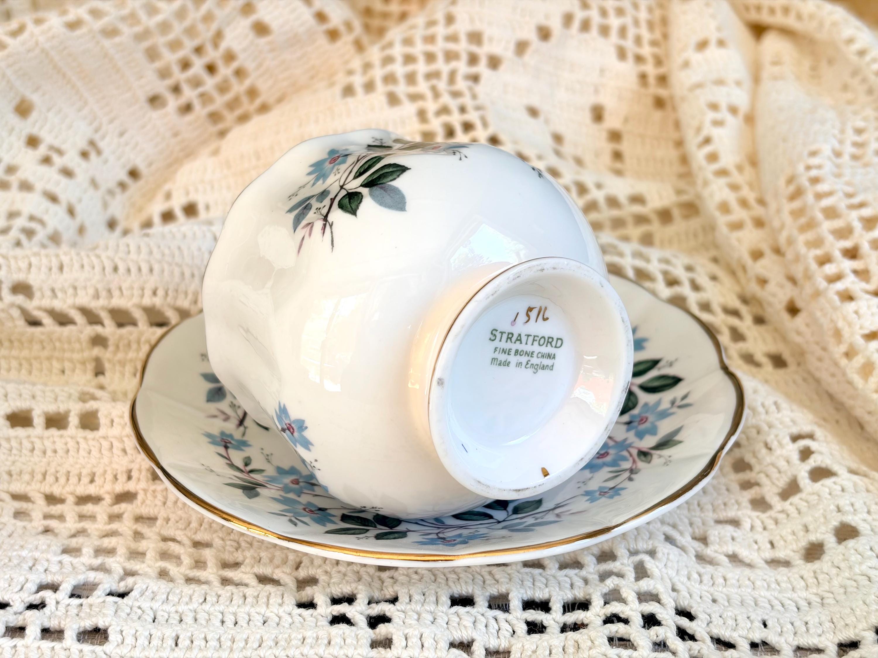 Vintage Stratford Bone China Teacup & Saucer Set – Blue Floral Pattern – Made in England