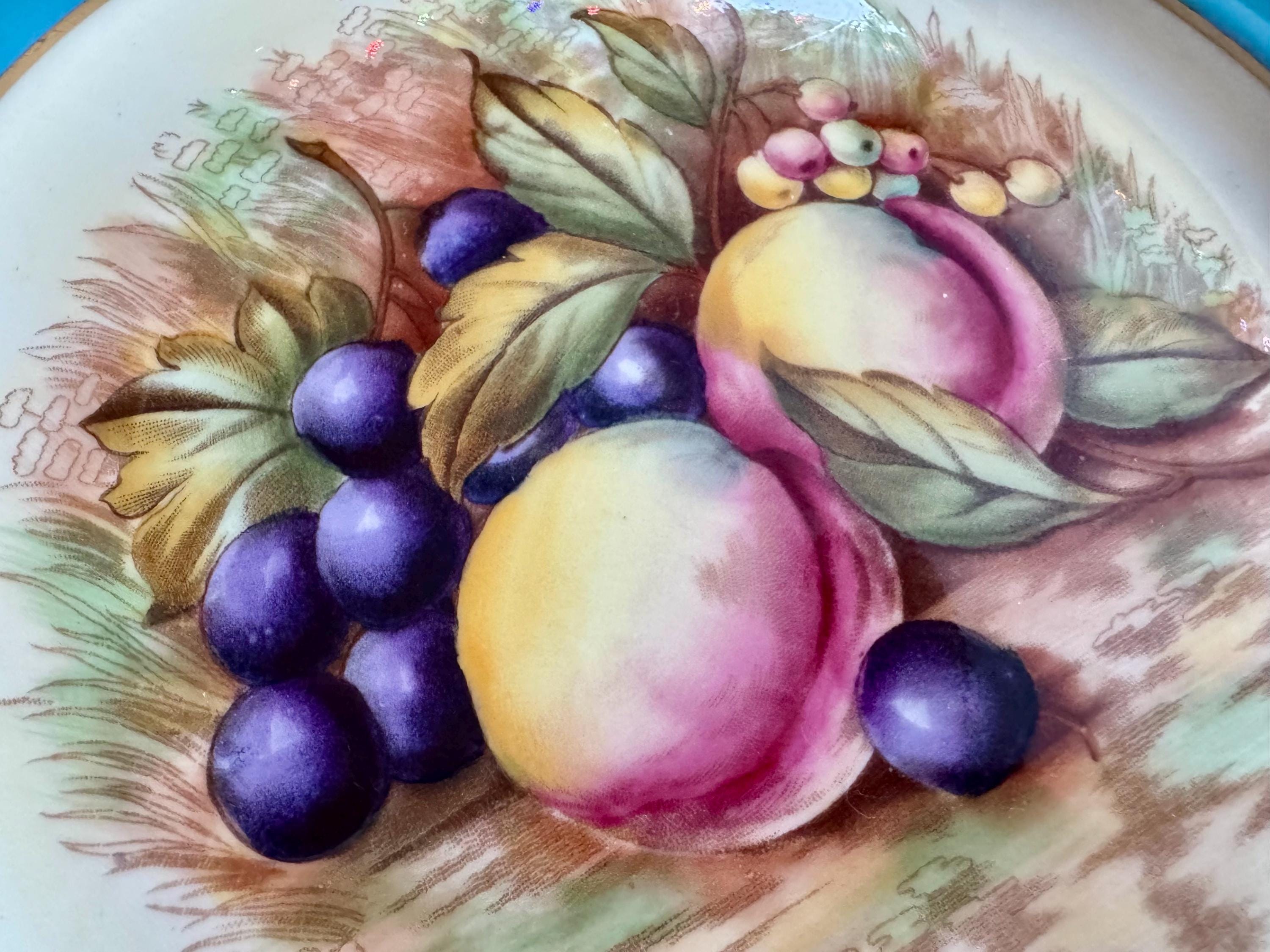 Vintage Aynsley Orchard Fruit Salad Plate: Hand-Painted Fine Bone China, Turquoise Rim