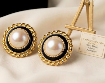 Vintage Park Lane Clip-On Earrings — Faux Pearl & Black Enamel Gold Tone Statement