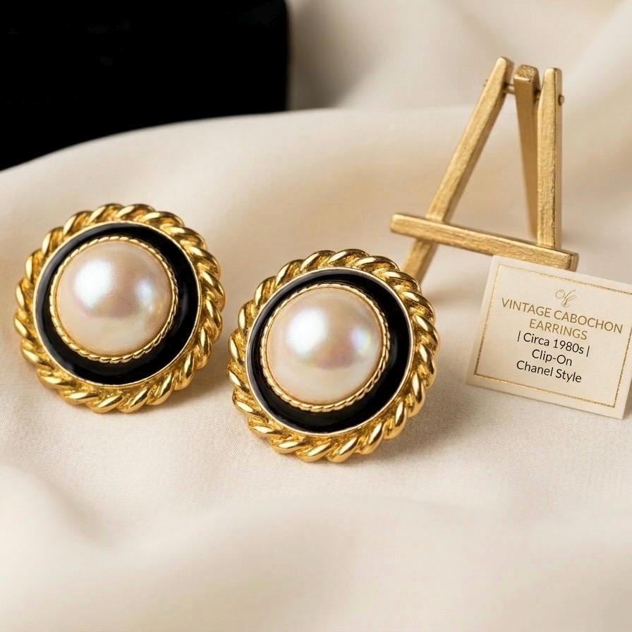 Vintage Park Lane Clip-On Earrings — Faux Pearl & Black Enamel Gold Tone Statement