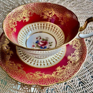 Vintage Aynsley England – Red Gold Filigree Floral Teacup & Saucer bild 10