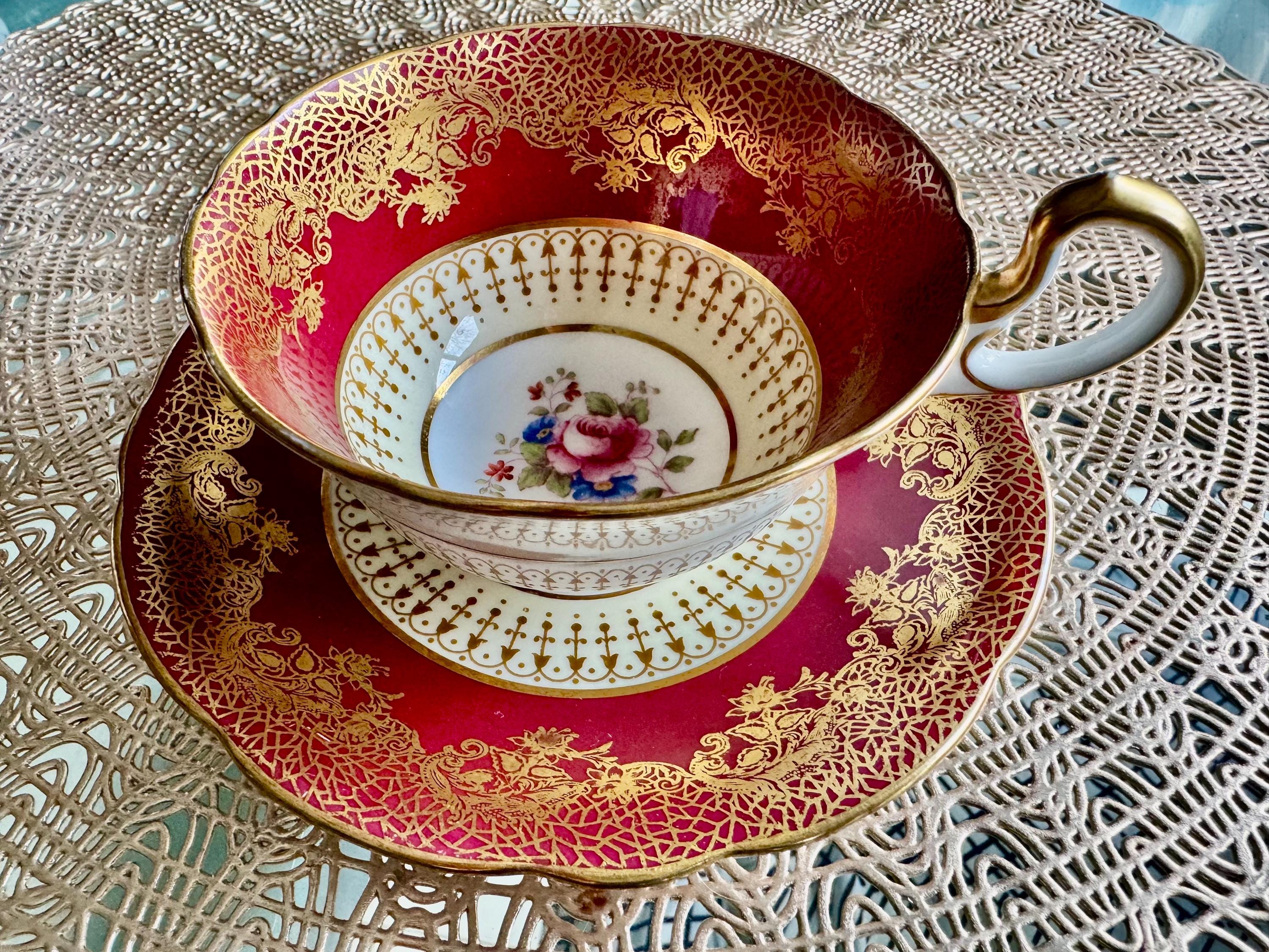 Vintage Aynsley England – Red Gold Filigree Floral Teacup & Saucer