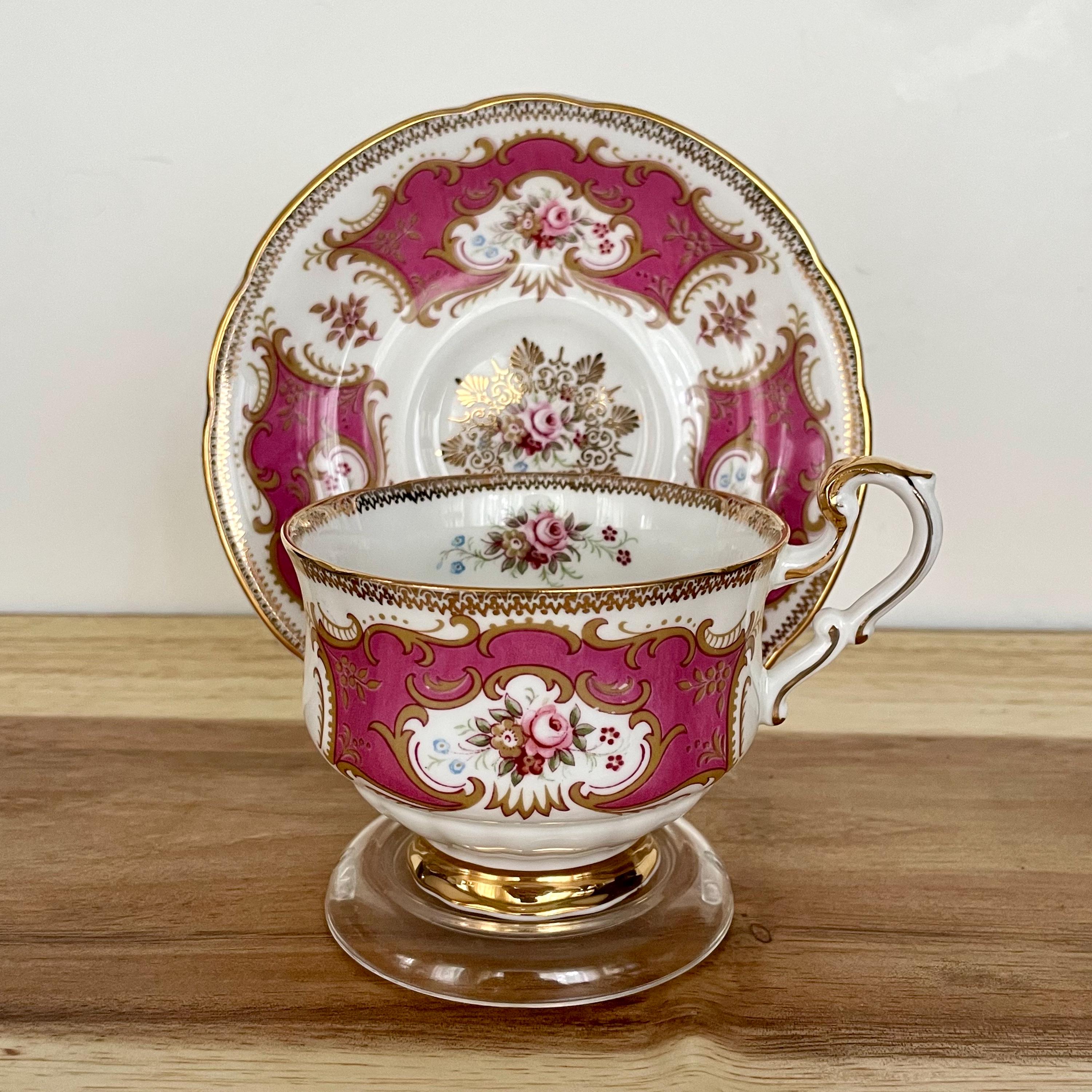 Vintage Paragon Fine Bone China Cup & Saucer – Pink Gold Scrollwork with Hand-Painted Roses – England