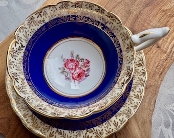 Vintage Royal Stafford Cobalt Blue Gold Teacup & Saucer – Made in England
