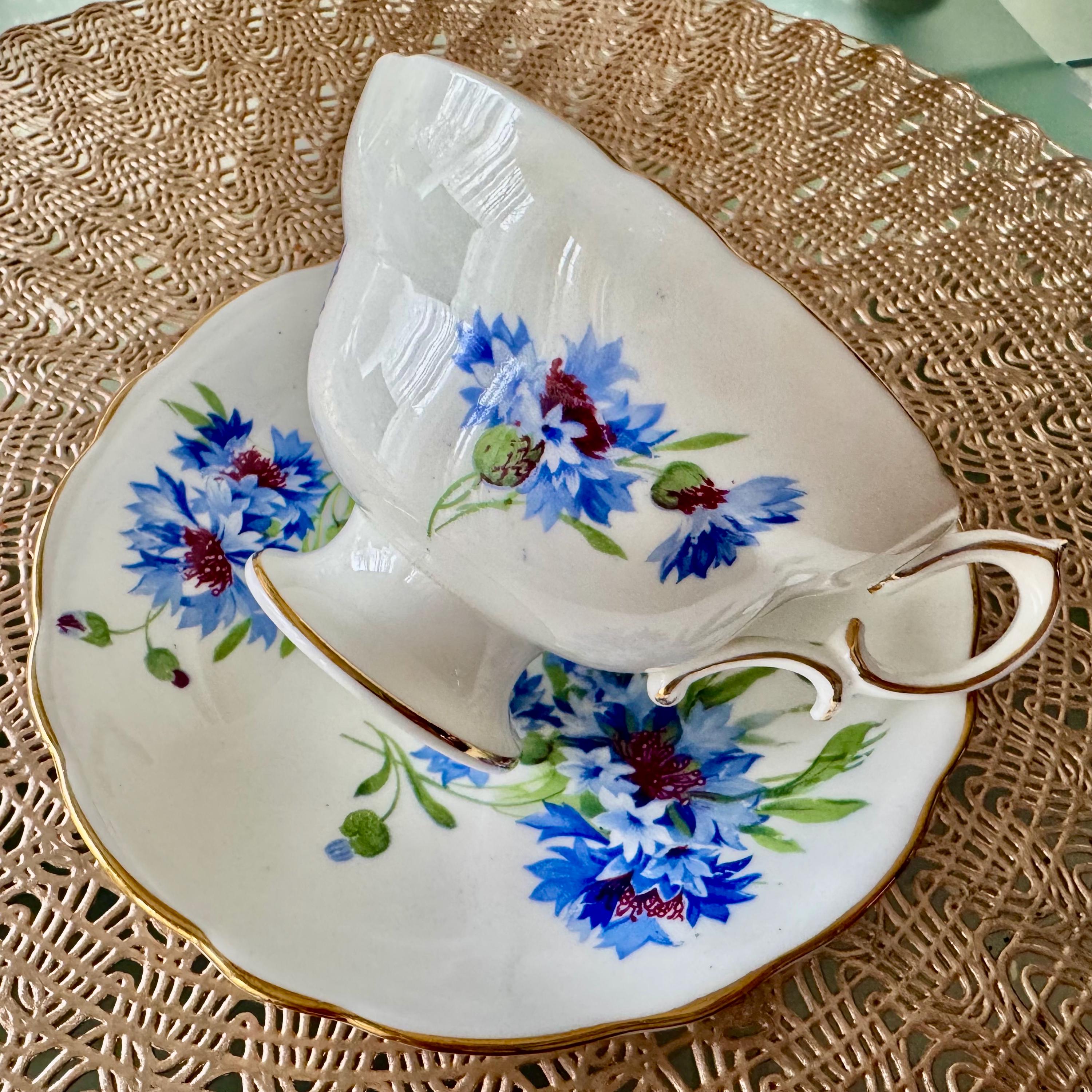 Vintage Hammersley Cornflower Teacup & Saucer – Fine Bone China England – Blue Florals Gold Trim