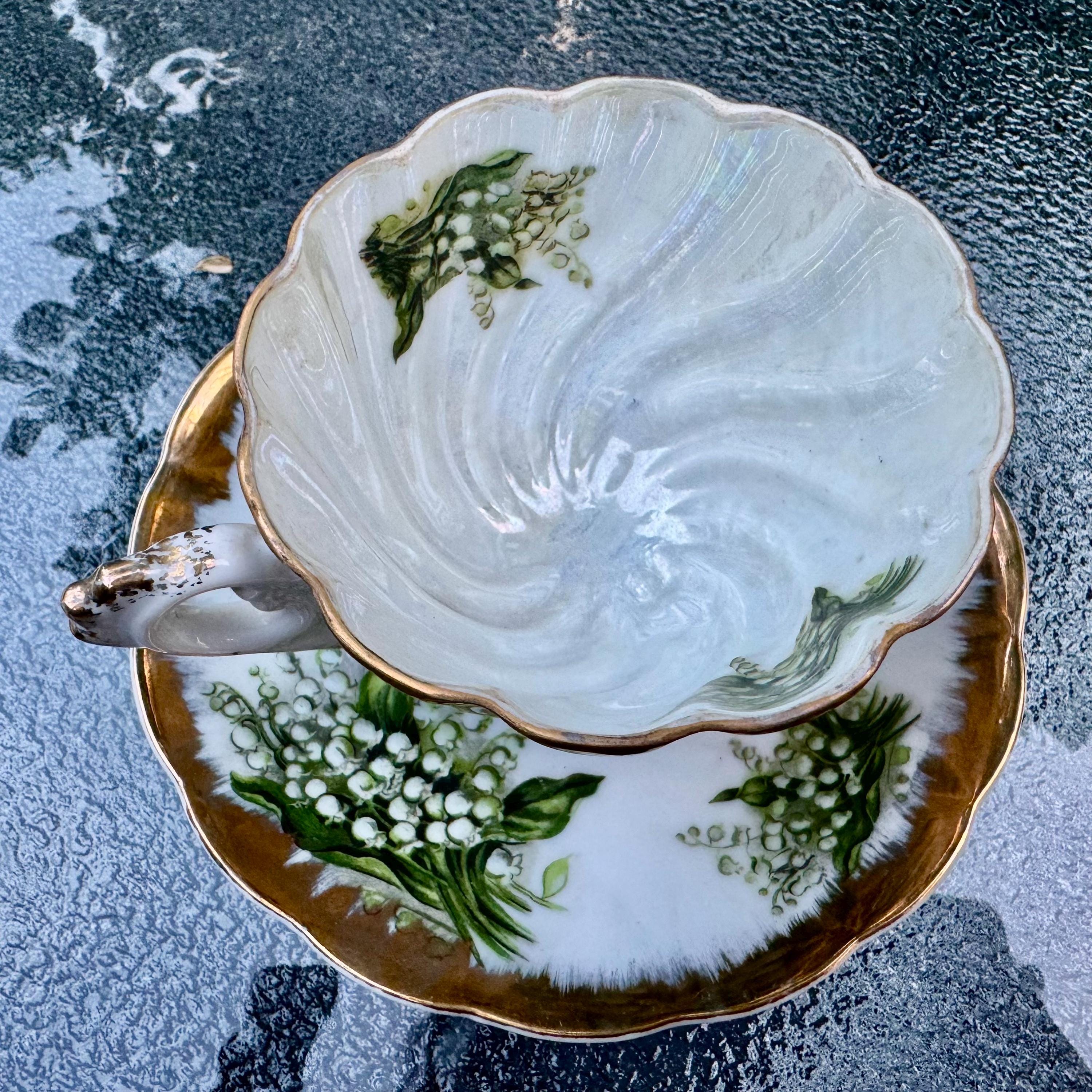 Vintage Giftcraft GC Lily of the Valley Tripod Teacup Saucer Japan Three Legged Gold Fine China