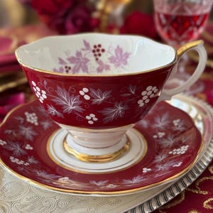 Royal Albert “Reims” Teacup & Saucer – Chateau Series – Ruby Red, Grape Motif