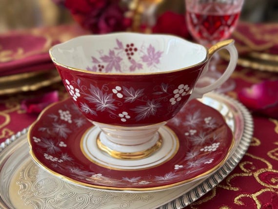 Royal Albert “Reims” Teacup & Saucer – Chateau Series – Ruby Red, Grape Motif