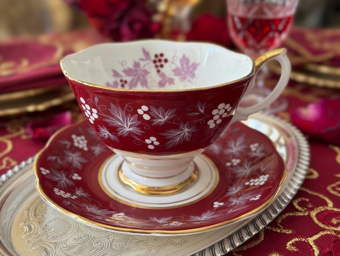 Royal Albert “Reims” Teacup & Saucer – Chateau Series – Ruby Red, Grape Motif