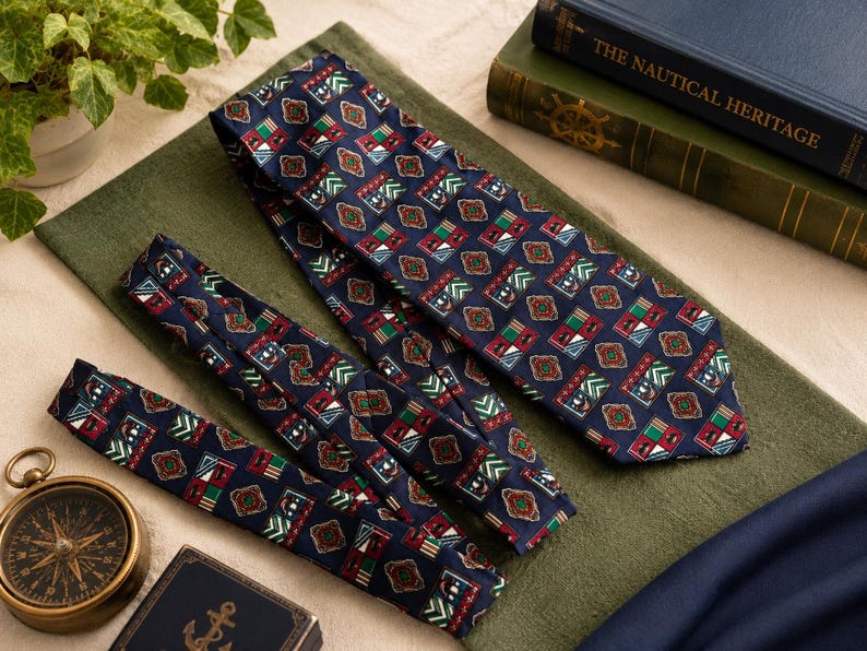 May include: A navy blue necktie featuring a repeating geometric pattern of red, green, and white shapes. The tie displays a series of small, intricate motifs arranged in a grid, with a pointed end and a smooth, woven texture throughout the fabric.