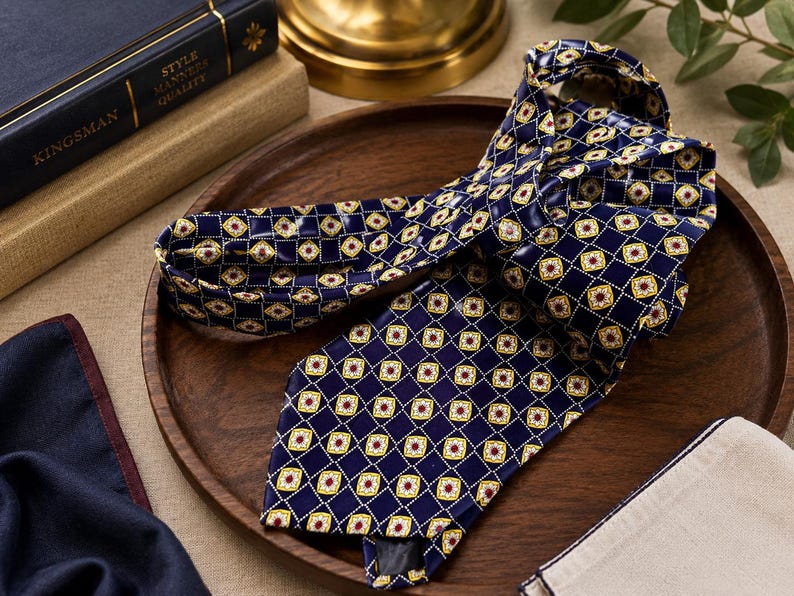 Puede incluir: Una corbata azul marino con un patr&oacute;n geom&eacute;trico repetitivo de diamantes amarillos y blancos con peque&ntilde;os centros rojos. La corbata est&aacute; doblada y descansa sobre una bandeja circular de madera, mostrando un acabado satinado y un extremo puntiagudo.