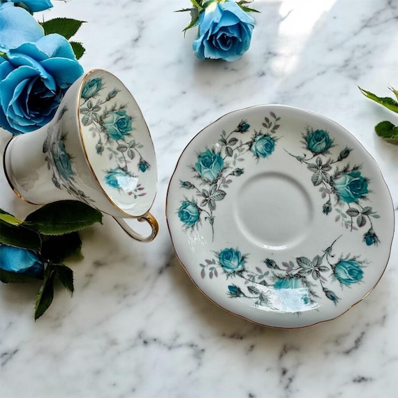 Aynsley Bone China Corset Teacup and Saucer – (2294 Blue Roses) – Made in England