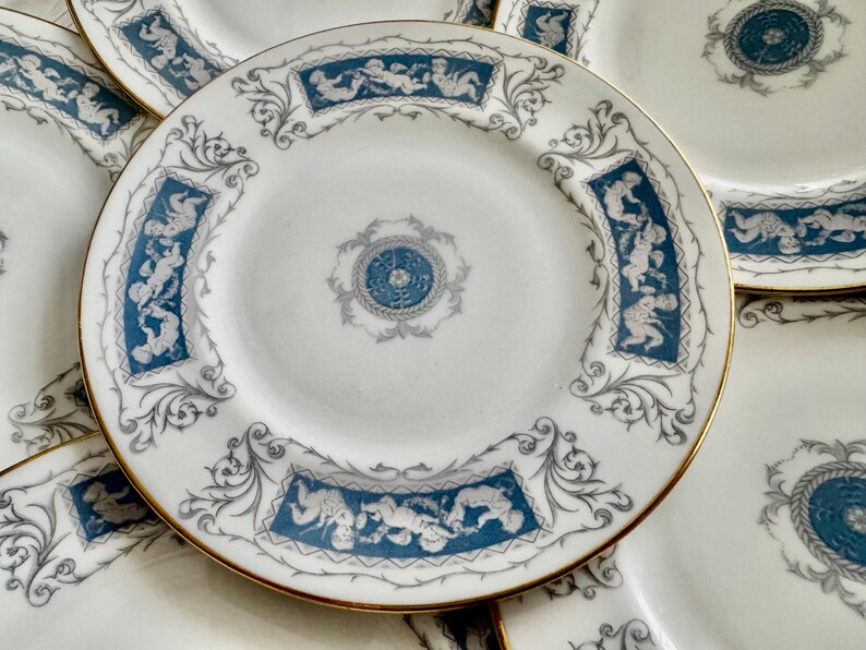 Set of 7 Coalport Revelry Dessert Plates – Blue White Bone China, Gold Rim image 3