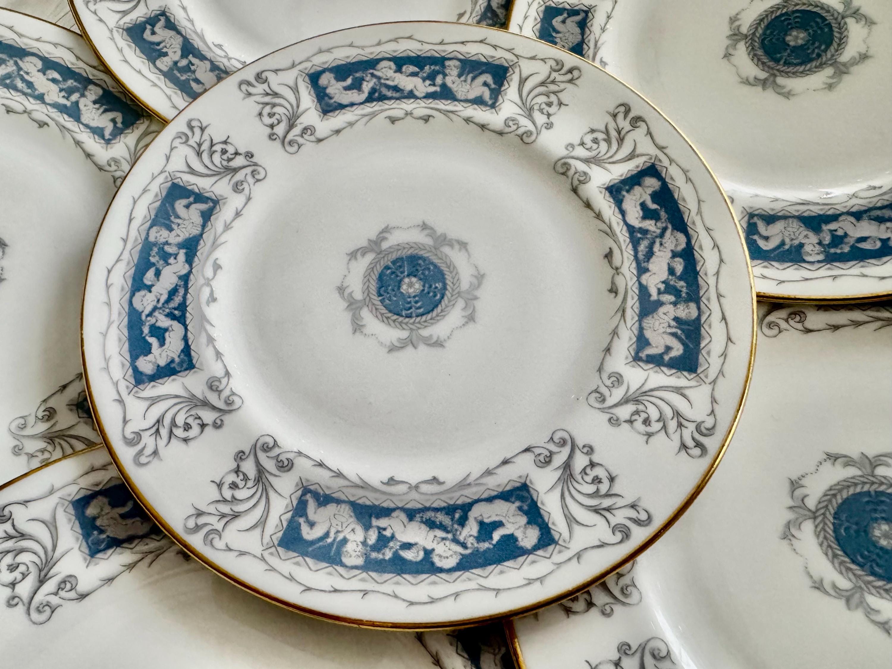 Set of 7 Coalport Revelry Dessert Plates – Blue White Bone China, Gold Rim