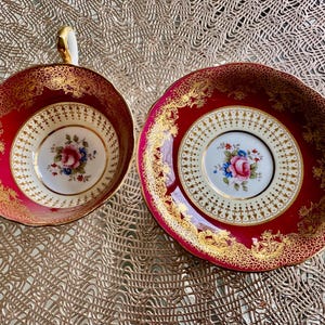 Vintage Aynsley England – Red Gold Filigree Floral Teacup & Saucer bild 7