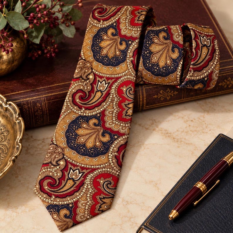 May include: A necktie featuring a detailed paisley pattern in shades of deep red, navy blue, and golden tan. The fabric displays intricate swirling motifs and floral-inspired shapes arranged in a repeating design across the entire length.
