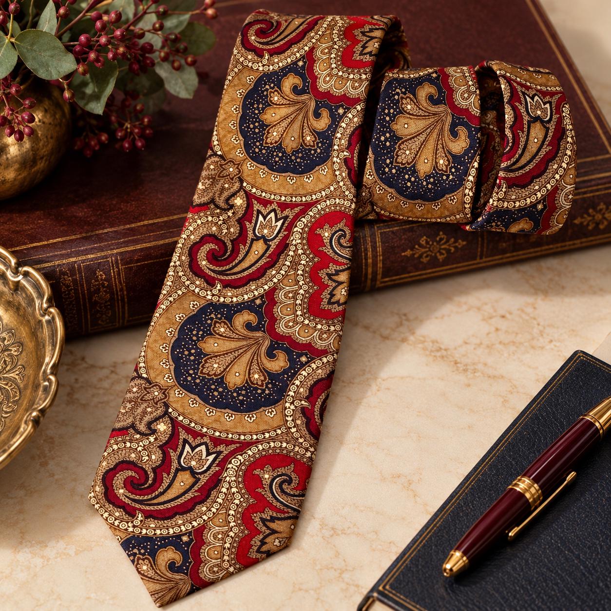 Vintage Stollery’s Silk Paisley Tie – Tailored in Great Britain – Burgundy Navy Gold Necktie