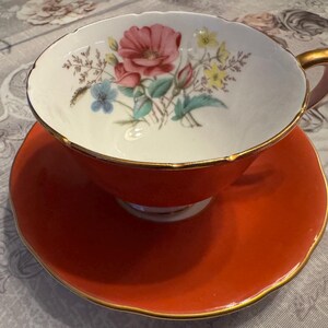 Vintage Aynsley Orange Teacup & Saucer – Pristine Floral Interior, Gold Trim Bone China England bild 2
