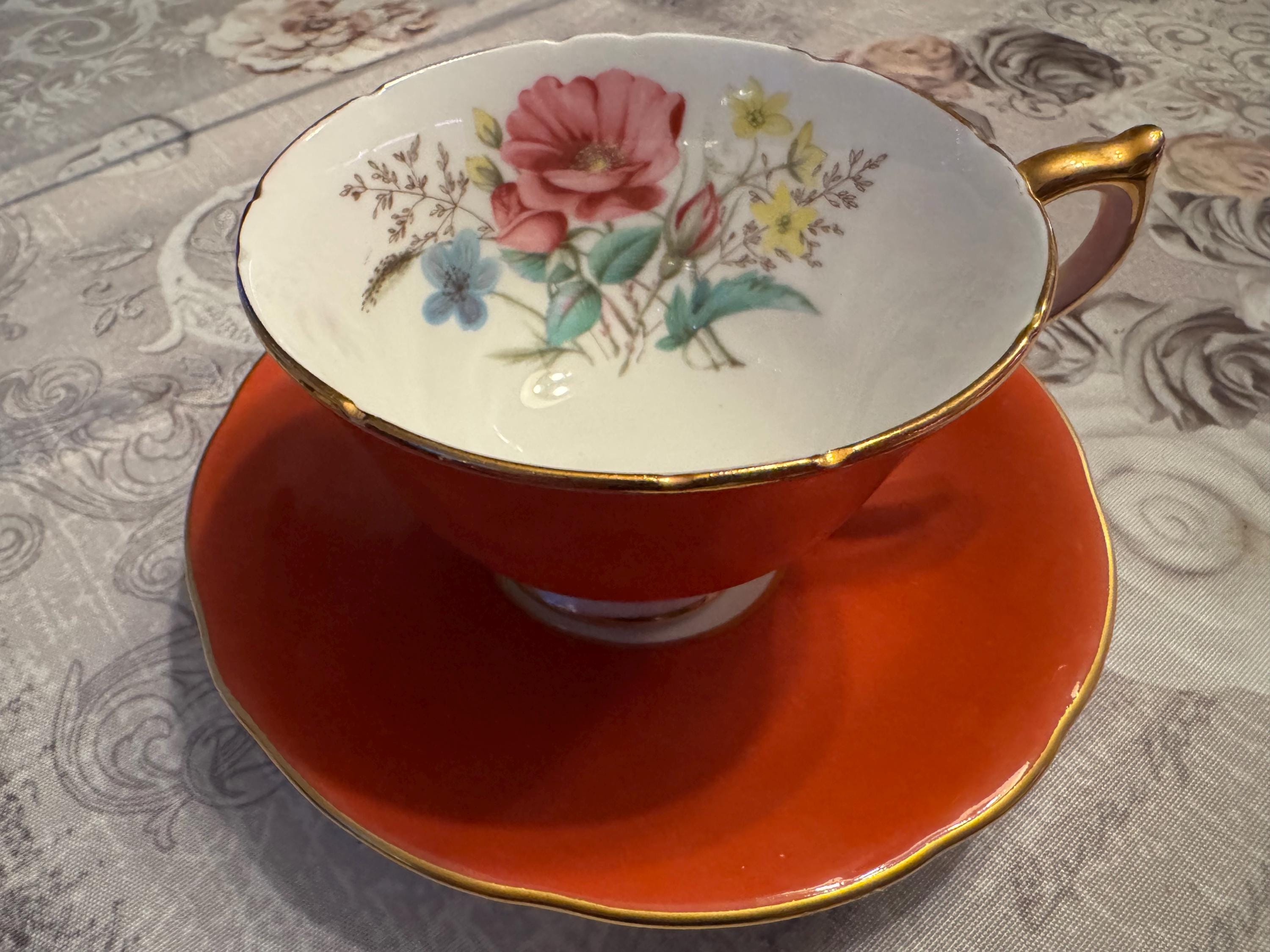 Vintage Aynsley Orange Teacup & Saucer – Pristine Floral Interior, Gold Trim Bone China England