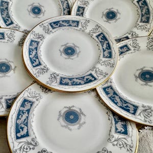 Set of 7 Coalport Revelry Dessert Plates – Blue White Bone China, Gold Rim image 1
