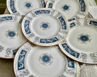 Set of 7 Coalport Revelry Dessert Plates – Blue White Bone China, Gold Rim