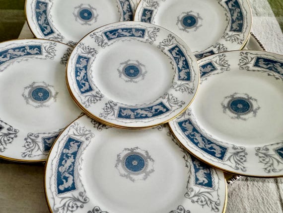 Set of 7 Coalport Revelry Dessert Plates – Blue White Bone China, Gold Rim
