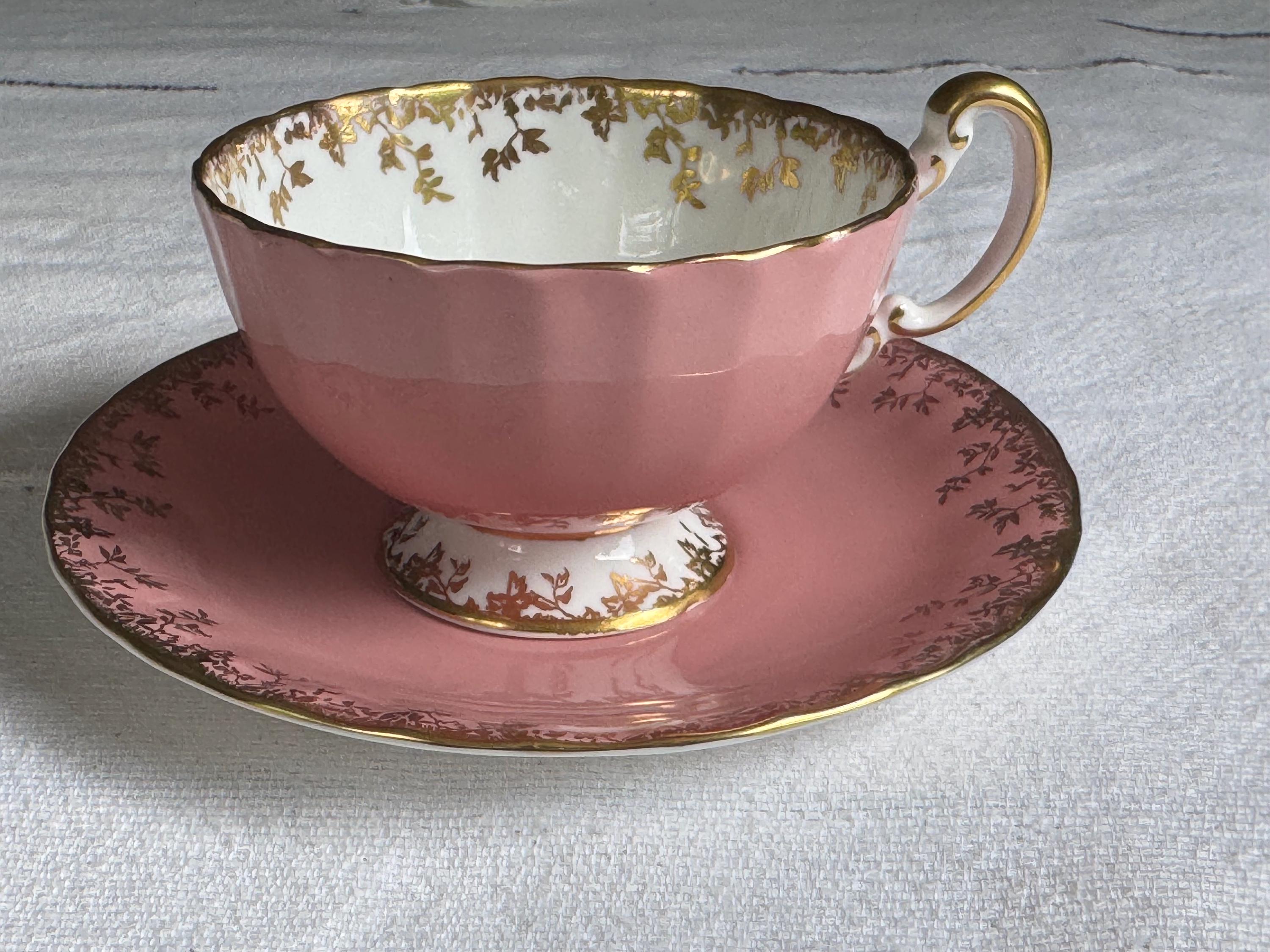 Aynsley Bone China Teacup & Saucer – (2273 Pink with Gold Vine Garland) – Made in England