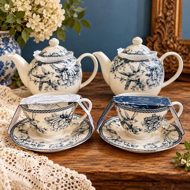 May include: Two ceramic teapots and two matching teacups with saucers, all featuring a cream base with a blue floral and bird pattern. Each teacup is wrapped in a blue paper band, and the teapots have matching lids with finials.
