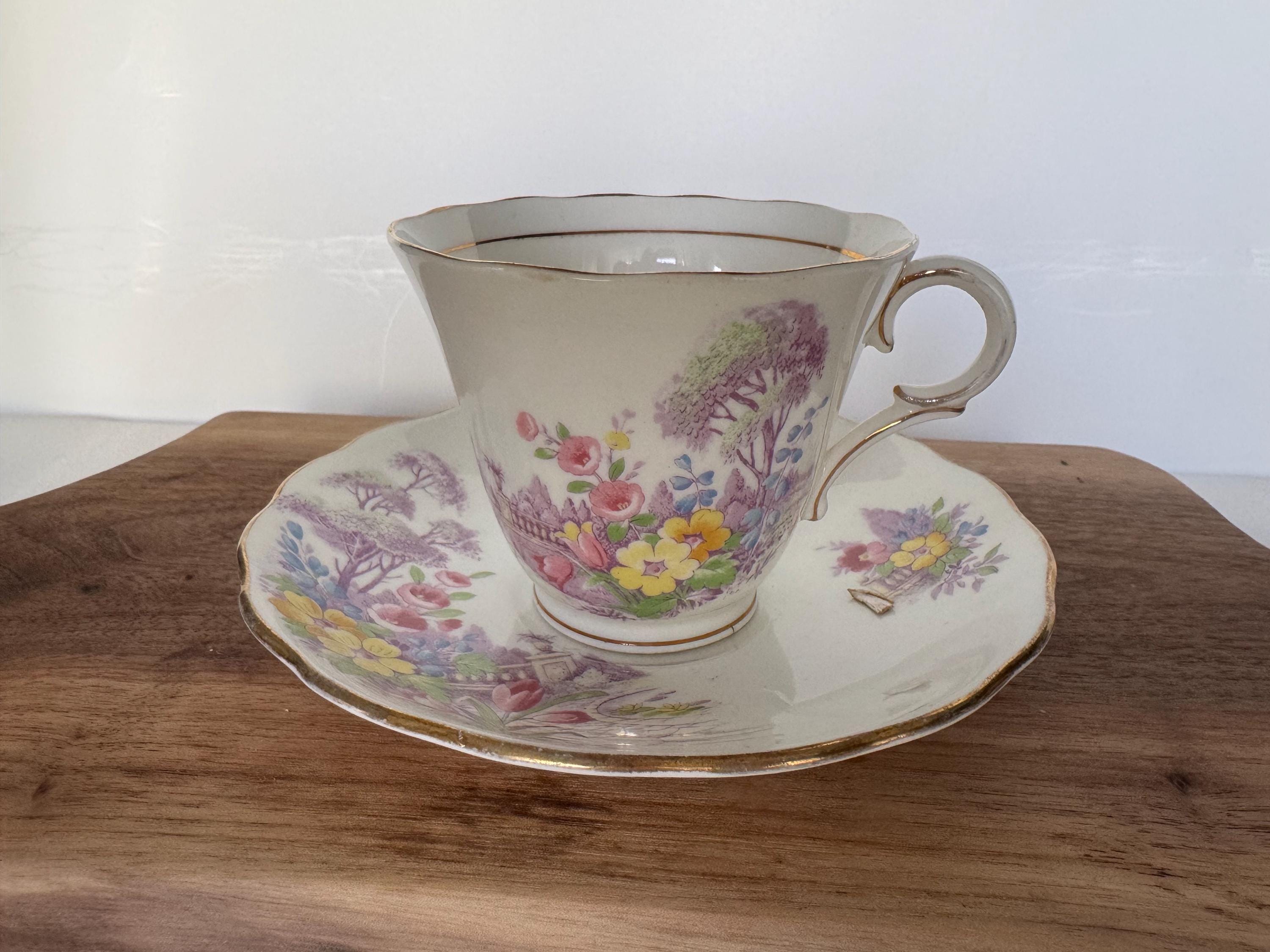 Vintage Colclough Bone China Teacup & Saucer – English Cottage Garden Scene – Made in Longton, England