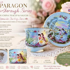May include: A Paragon Marlborough Series bone china teacup and saucer featuring a romantic courting scene with roses and a garden landscape. The cup is 2.75 inches tall and the saucer is 5.5 inches in diameter. Gold trim accents the edges.