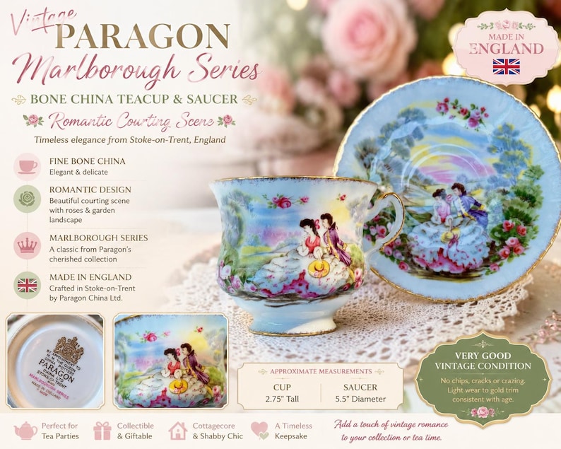 May include: A Paragon Marlborough Series bone china teacup and saucer featuring a romantic courting scene with roses and a garden landscape. The cup is 2.75 inches tall and the saucer is 5.5 inches in diameter. Gold trim accents the edges.