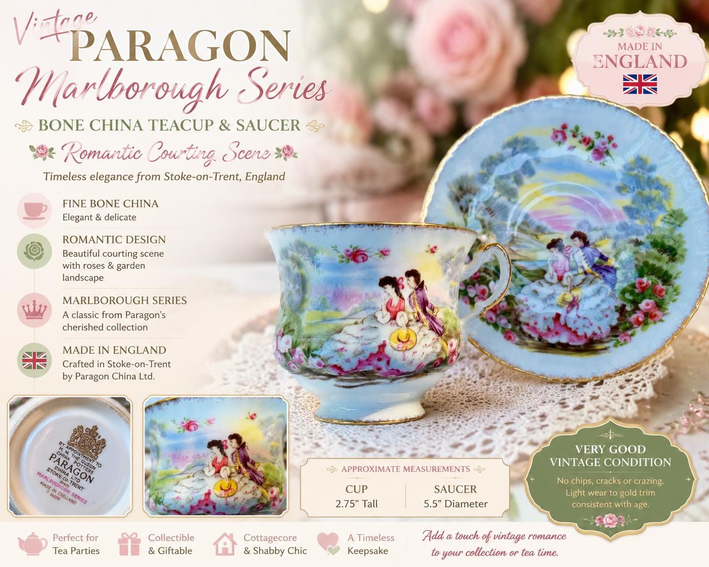 Vintage Paragon Marlborough Series Bone China Teacup & Saucer – Romantic Courting Scene – Made in England