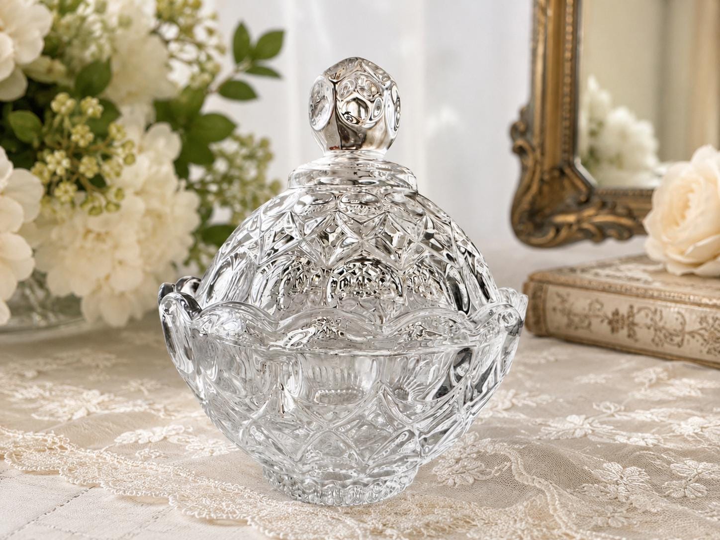 Vintage Starburst Pressed Glass Jar: Vanity Storage, Candy Dish