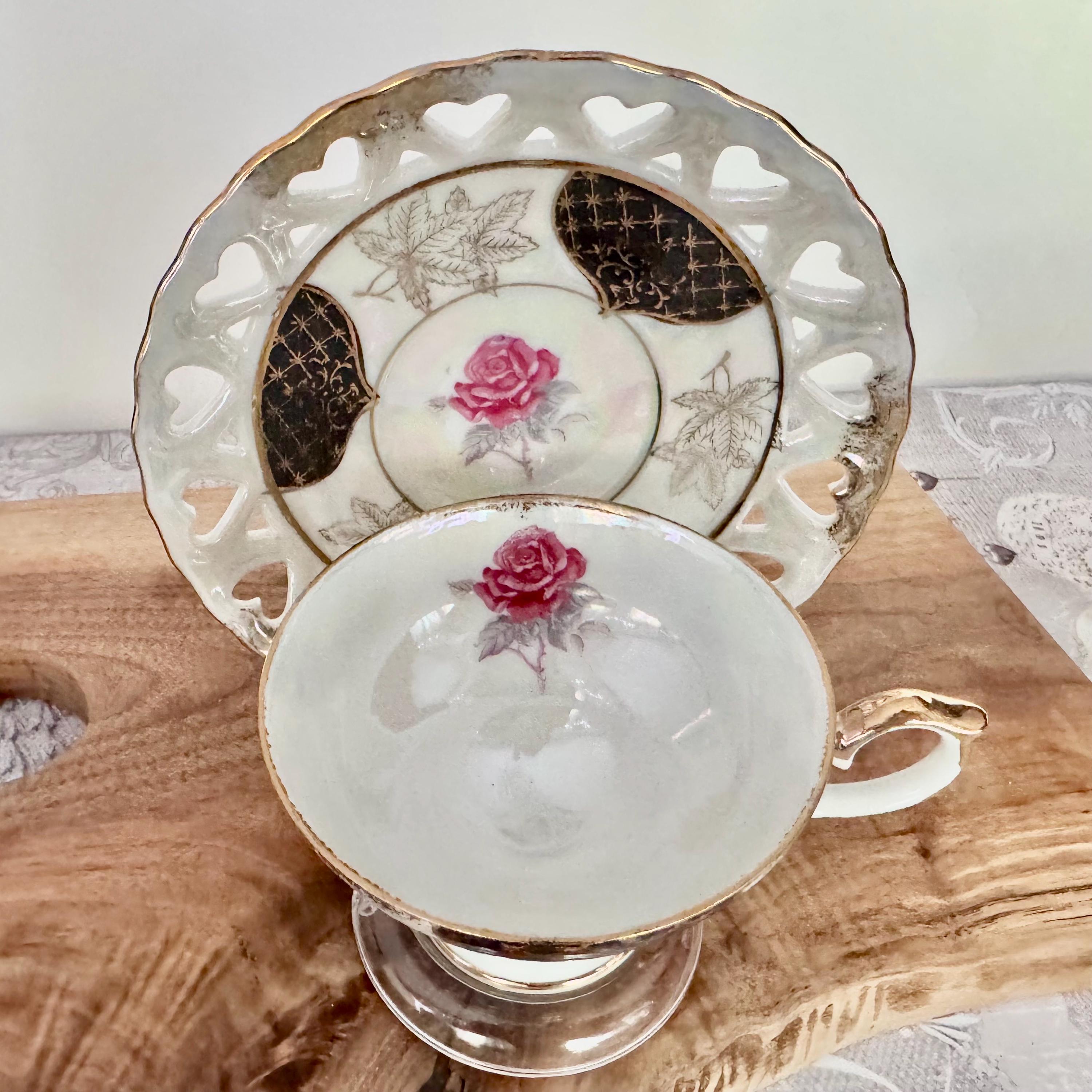 Vintage Lusterware Teacup & Saucer: Gold Overlay Pink Rose - Japan