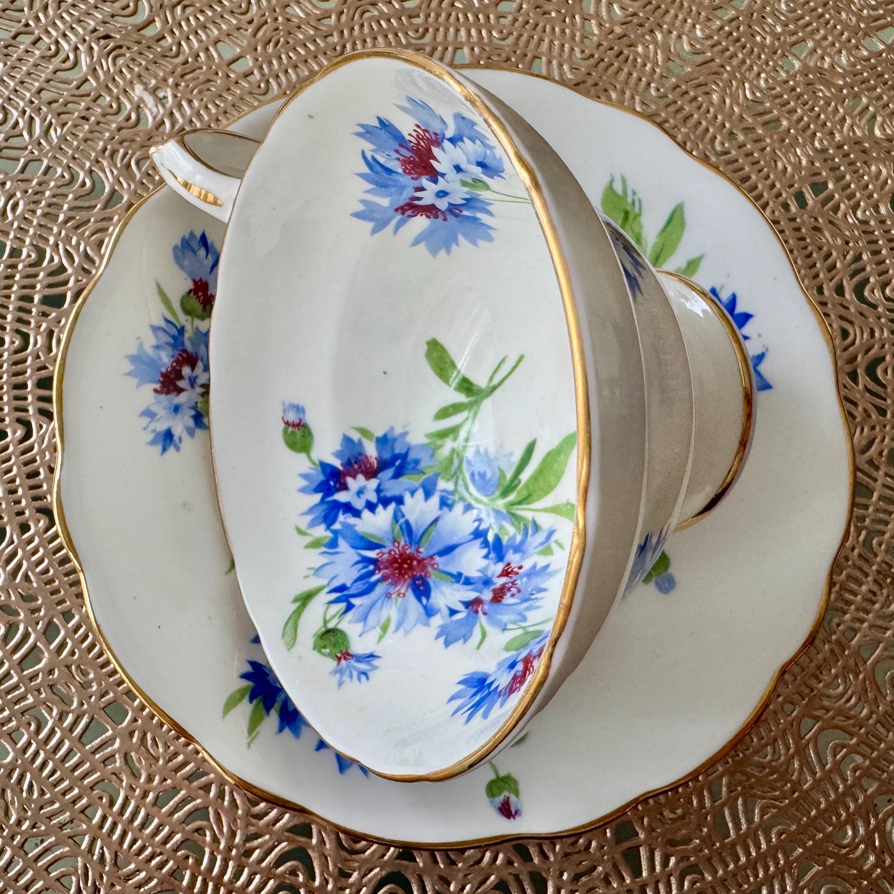 Vintage Hammersley Cornflower Teacup & Saucer – Fine Bone China England – Blue Florals Gold Trim