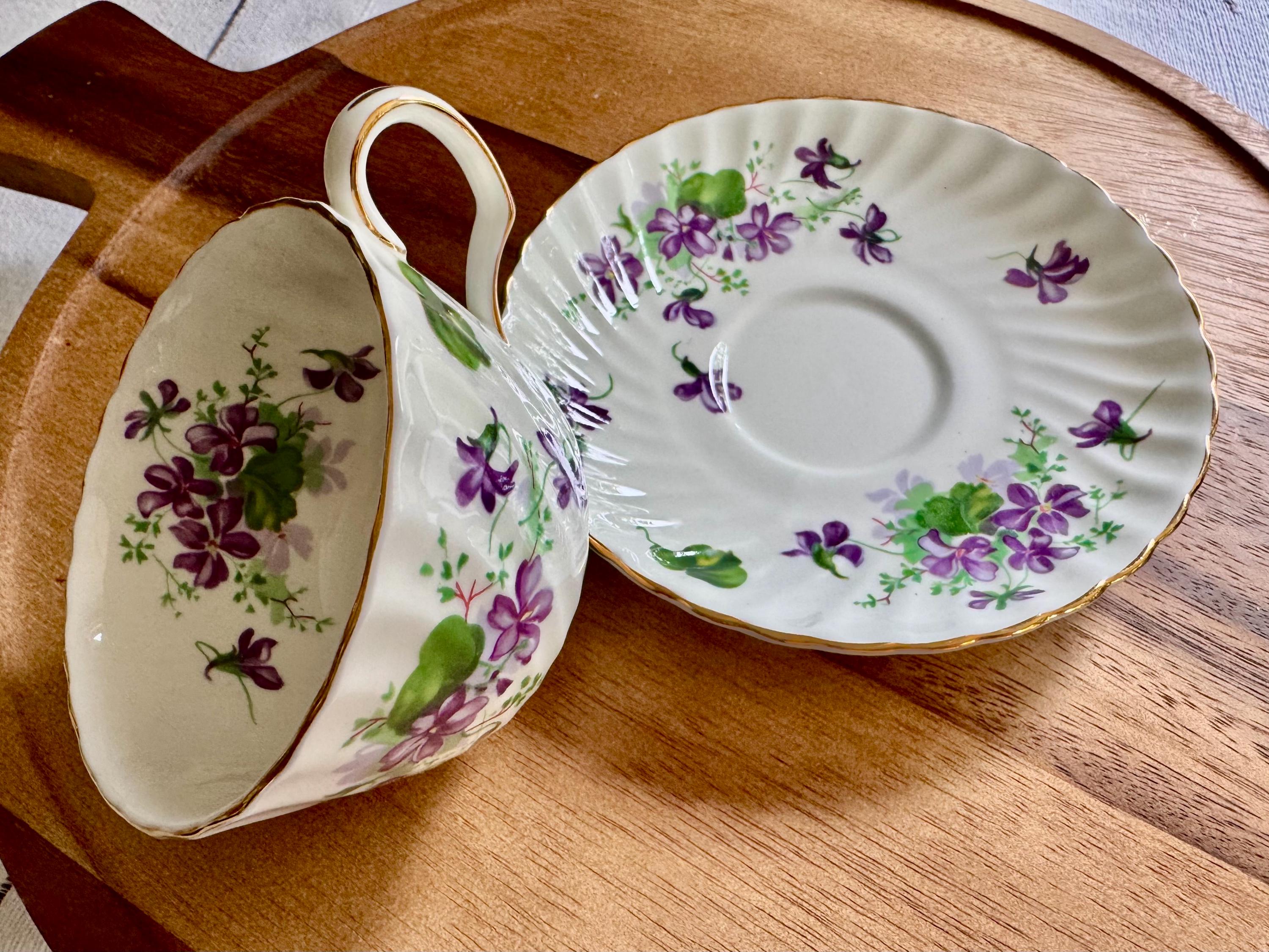 Vintage Adderley Teacup & Saucer – Forget Me Nots or Purple Violets – England – Swirl Shape