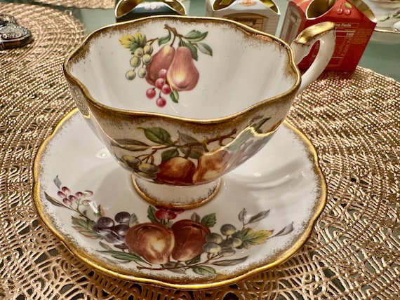 Vintage Queen Anne “Harvest Fruits” Teacup and Saucer Set - Elegant Fruit Design
