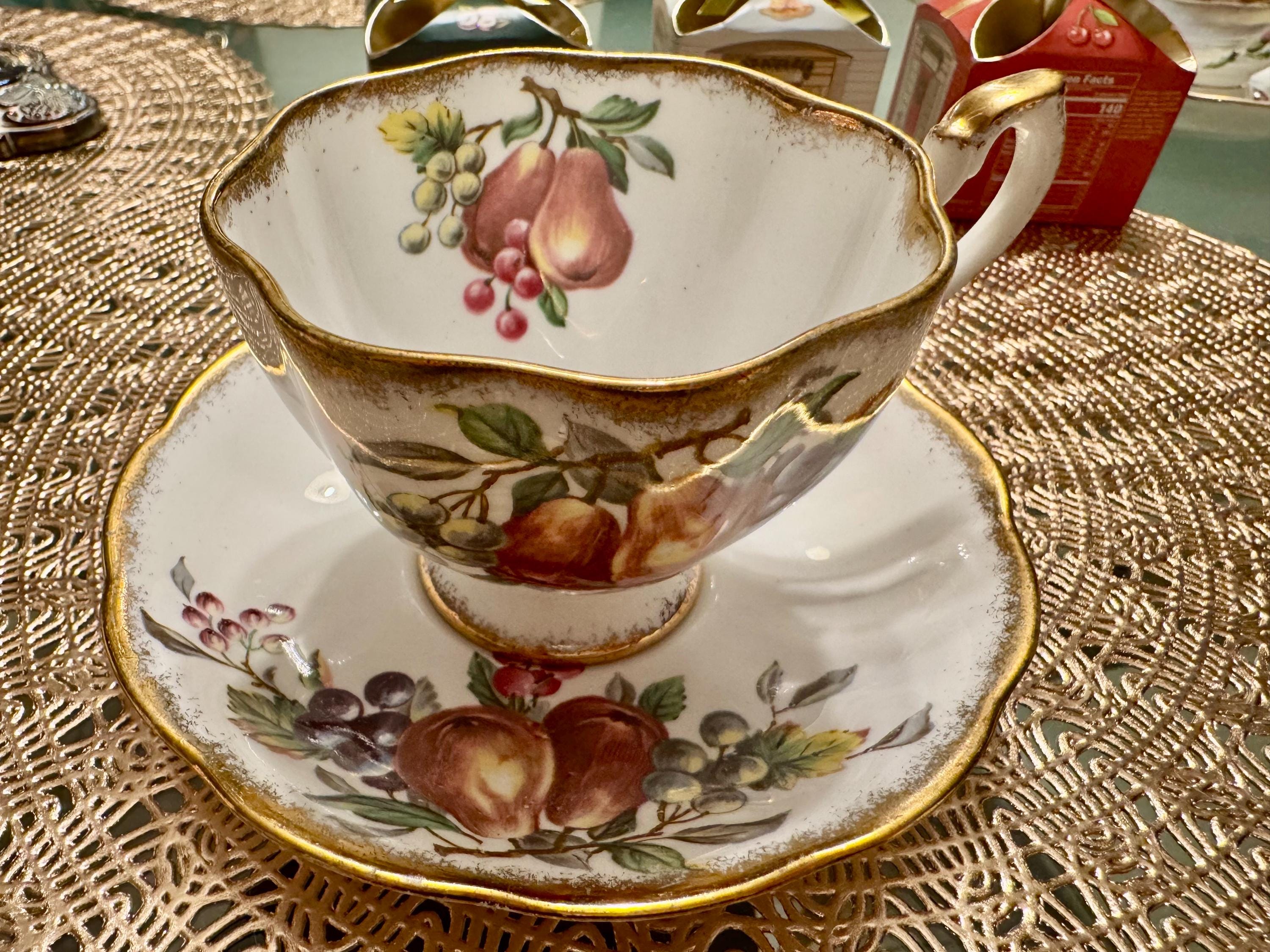 Vintage Queen Anne “Harvest Fruits” Teacup and Saucer Set - Elegant Fruit Design