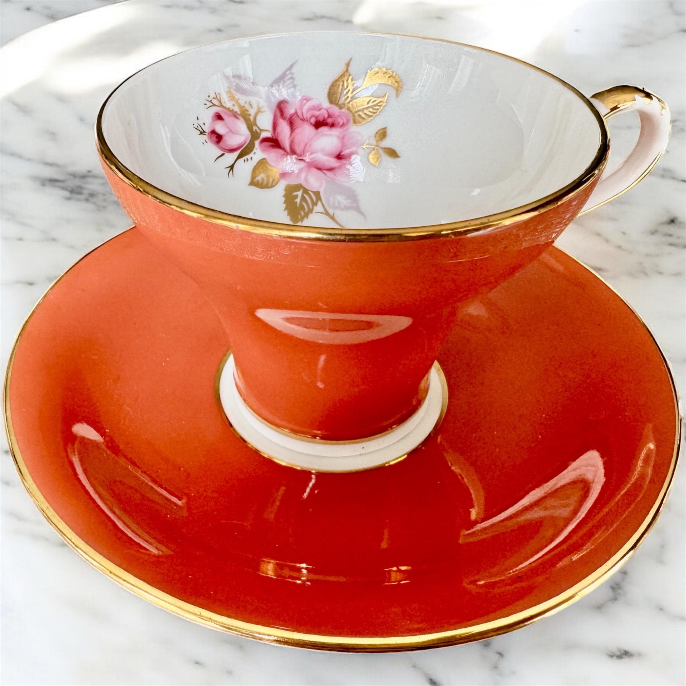 Vintage Aynsley Burnt Orange Teacup & Saucer – Gilded Rose Interior – English Bone China
